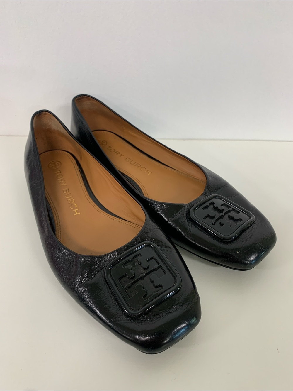 Tory Burch Black Patent Logo Square-Toe Ballet Flats
